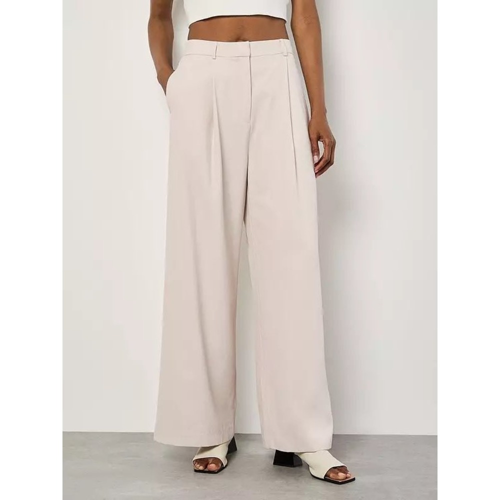 Apricot Pleat Detail Soft Tailored Pants Stone Beige Wide Leg Trousers L New nn